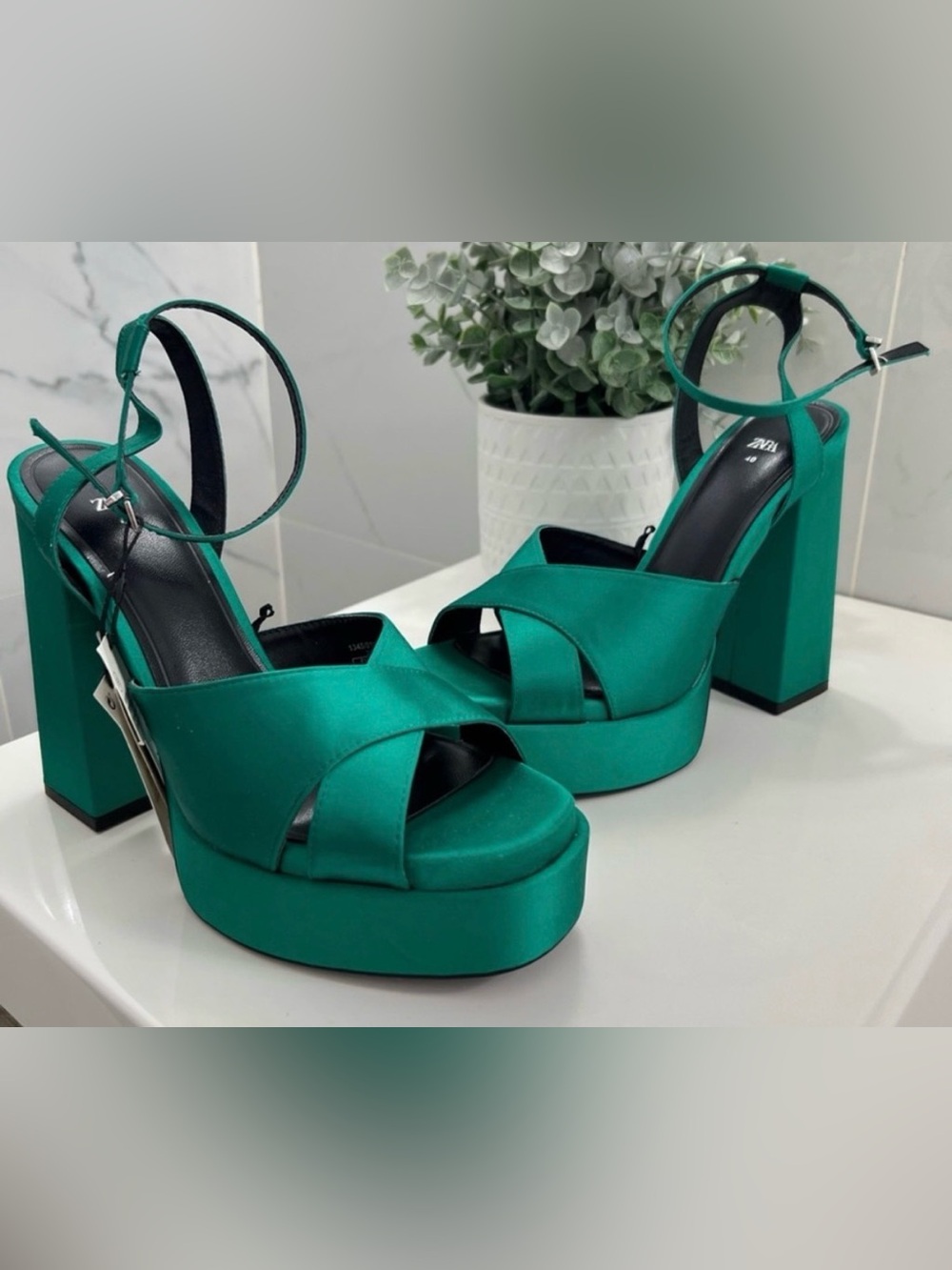 Zara Teal Green Satin Platform Sandals
